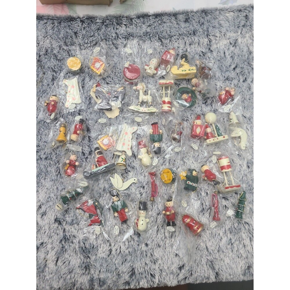 Vintage Wooden Christmas Ornaments Lot 40 Miniature Hanging Tree Decorations